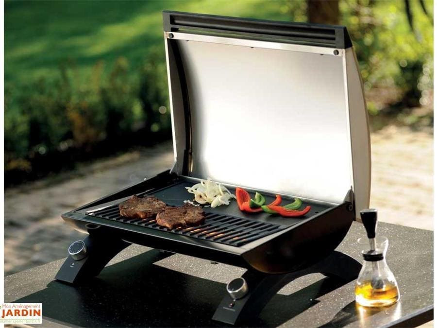 Grandhall, E-Grill, barbecue elettrico da 1.500 Watt; è dotato di due lampade all'infrarosso in fibra di carbonio per una cottura soft ma intensa, la superficie utile è di 30x45 cm. Il piano è di ghisa smaltata e il coperchio in acciaio inox. Euro 240